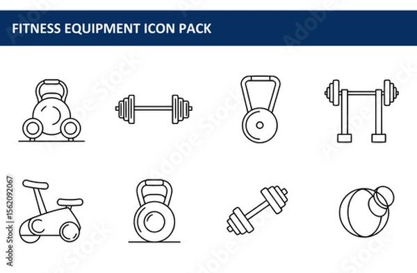 Fototapeta Fitness equipment icons in a gym setting. Simple, black and white line drawings of kettlebells, barbells, dumbbells, exercise bike and medicine ball.