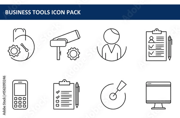 Fototapeta Business tools icon pack showing various elements in a modern, minimalist design. Collection of business tools icons.