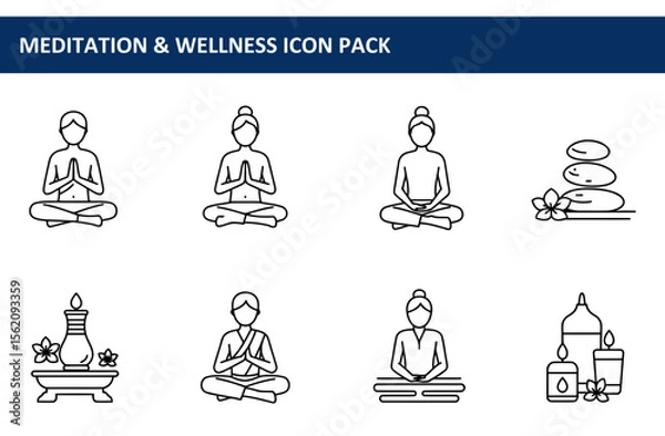 Fototapeta Line art illustration of diverse individuals practicing meditation/yoga poses in various wellness settings. Individuals in various seated postures, demonstrating calmness and focus.