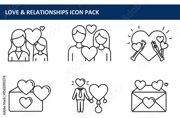 Fototapeta Line art icons of diverse couples in various romantic poses, including holding hands, sharing a heart, and exchanging letters.
