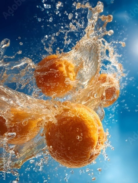 Obraz Oranges Splashing in Water Against a Blue Background