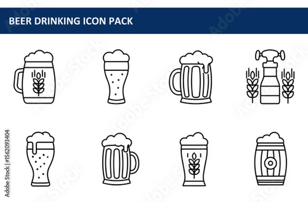 Fototapeta Beer drinking icon pack showcasing various beer styles in different vessels. Simple, line art icons display a variety of beer glasses, mugs, and barrels, along with wheat and a tap.