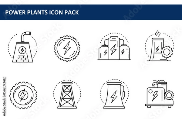 Fototapeta Power plants icon collection with various facility types, set against a plain background. Simple line illustrations of different power plant structures in various styles.
