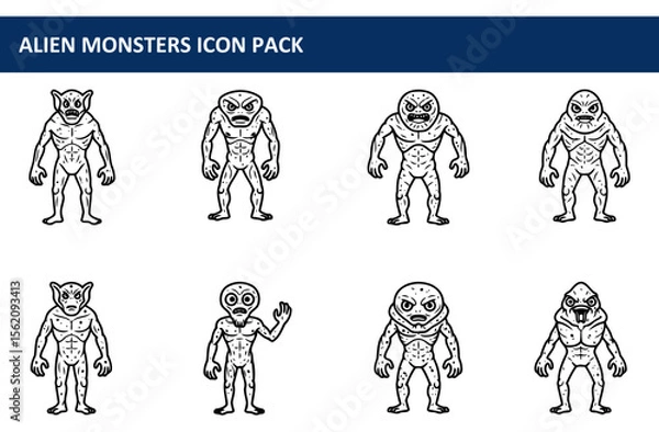 Fototapeta Collection of alien monster character icons in a flat, line art style. Standing monsters with various expressions and features.