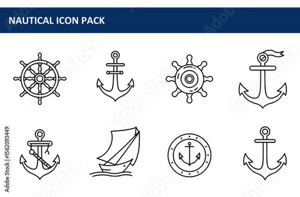Fototapeta Nautical icon pack of steering wheel, anchor, sailboat, and anchor with a circular design. Simple nautical graphics for design purposes.