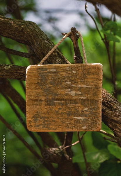 Obraz Rustic old wooden empty board hangs on tree