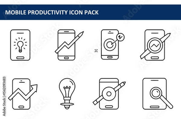 Fototapeta Mobile productivity icons displaying various actions for different aspects of work. Outline illustrations of smartphones with productivity-related symbols.