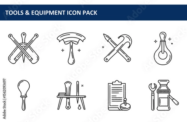 Fototapeta Line art illustration of various tools and equipment, displayed against a plain white background.