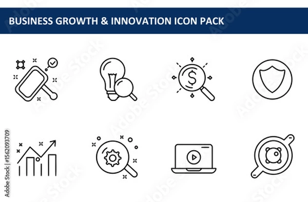 Fototapeta Business growth and innovation line icons depicting various concepts, such as idea generation, financial analysis, protection, and optimization. A collection of simple, clean icons.