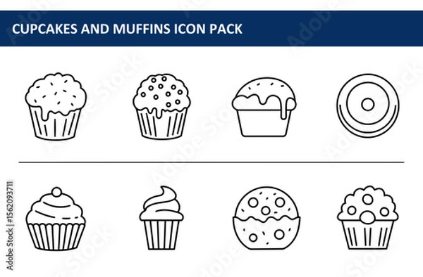Fototapeta Cupcake and muffin icons in a simple line art style. Collection of various pastries presented in a flat design for bakery product icons.