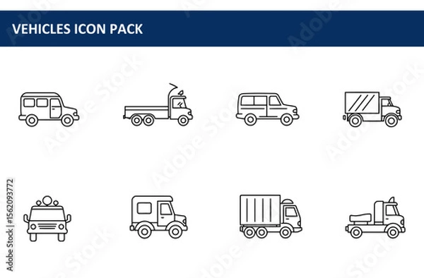 Fototapeta Line art illustrations of various vehicles in different configurations. Collection of diverse vehicle types with detailed profiles.