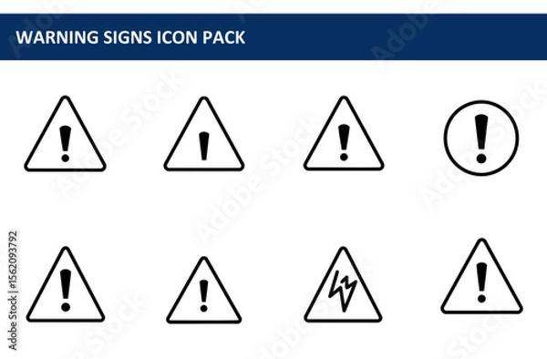 Fototapeta Warning signs icon pack showcasing various hazard symbols. Collection of different warning signs in various shapes and with different symbols, displaying caution.