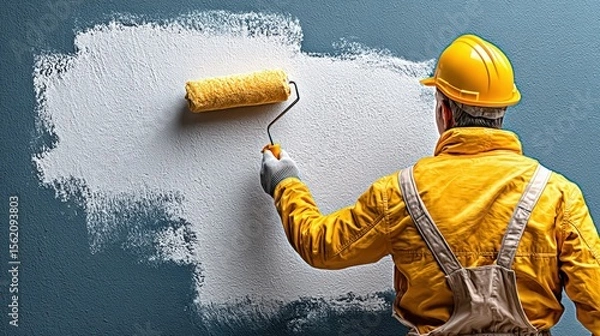 Fototapeta Worker painting a wall with a roller in a room, showcasing renovation and creativity