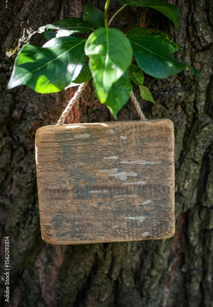 Obraz Rustic old wooden empty board hangs on tree