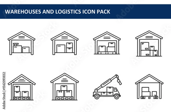 Fototapeta Warehouse exterior line art illustrations with various loading and unloading scenes. Warehouse facility exterior views with boxes and pallet storage.