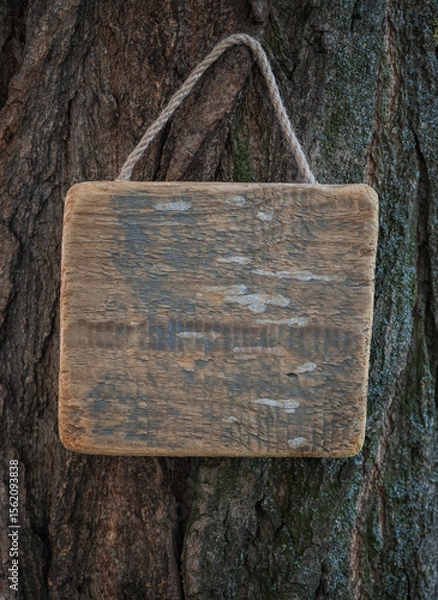 Obraz Rustic old wooden empty board hangs on tree