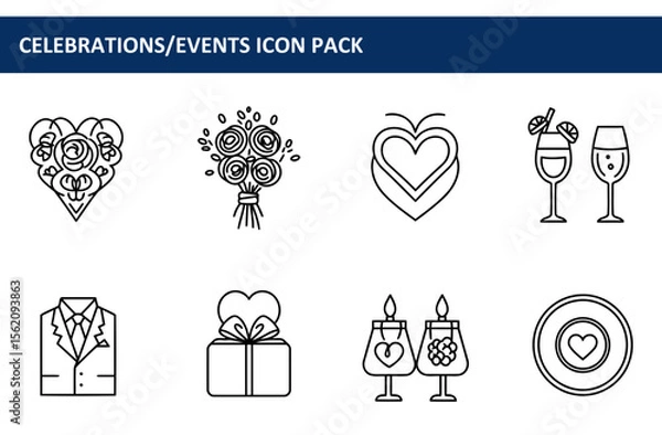 Fototapeta Celebration event outline icons in a simple line art style. Elegant and minimalist wedding/celebration themed graphic elements.