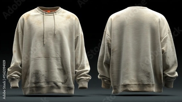 Fototapeta Worn-out grey sweatshirt displayed from front and back against a dark gradient background
