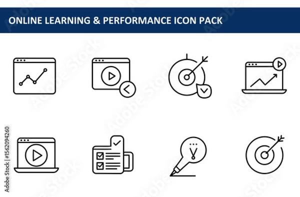 Fototapeta Online learning and performance icons set in a modern design for various uses. Simple line art icons displaying progress, video playback, target practice, and checklist progress.