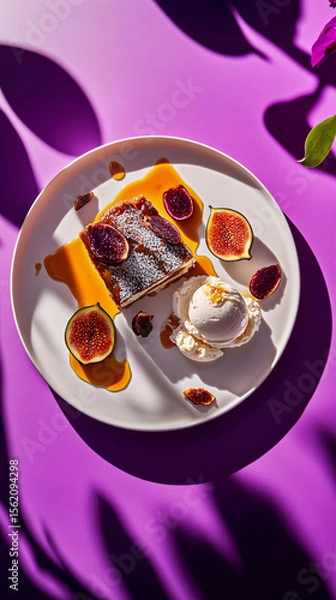 Fototapeta Fig and mascarpone cheese cake with a white chocolate caramel glaze, served with ice cream. White plate with purple surroundings.