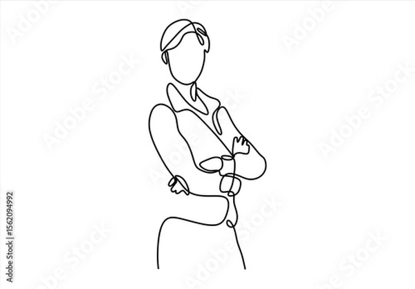 Fototapeta Portrait of beautiful young business woman standing while smiling looking at camera in the office. Continuous Line. line icon-continuous line drawing.