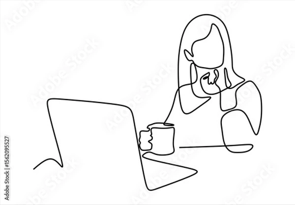 Fototapeta Woman with a laptop.  line icon-continuous line drawing. Editable stroke.