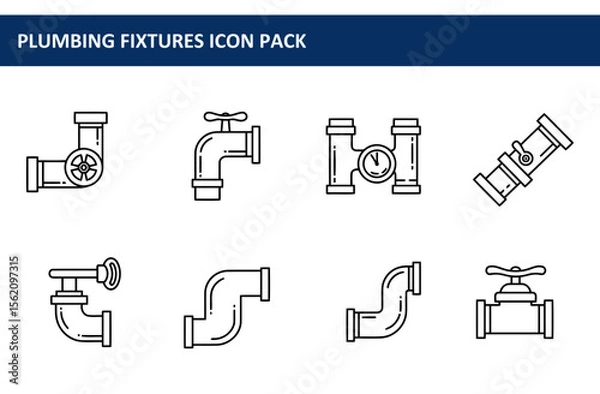 Fototapeta Plumbing fixtures icon set depicting various types of pipes, valves, and connections. Line drawing illustrations of different plumbing components against a white background.