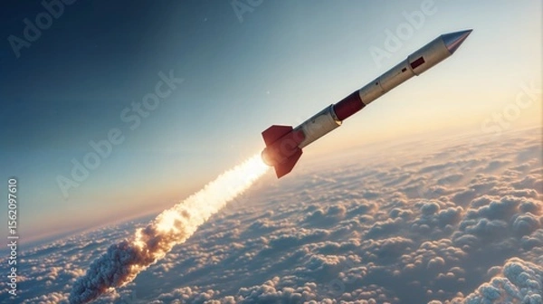 Obraz Missile Captured Mid-Flight with Exhaust Trail Against Sky