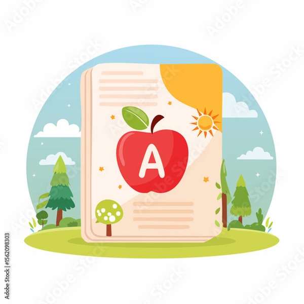 Fototapeta Flat educational vector flashcards with alphabet letters and matching cute illustrations (A)