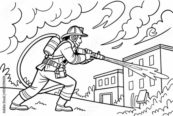 Fototapeta A courageous firefighter hero aiming a water hose to put out a fire. Bold outlines, action scene, black and white line art for a coloring book