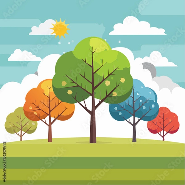 Obraz Flat vector illustrations of the same tree in 4 seasons- spring, summer, autumn, winter