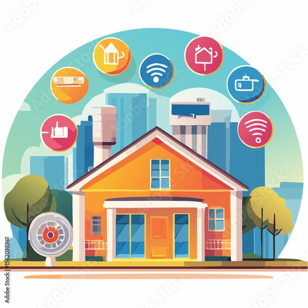 Obraz Vector flat icons of smart home tech- thermostat, smart speaker, security camera, smart light
