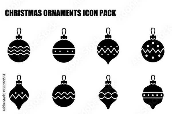 Fototapeta Christmas ornament icons in various shapes and decorative patterns. Simple black and white designs for use in Christmas themed projects, presentations, and websites.