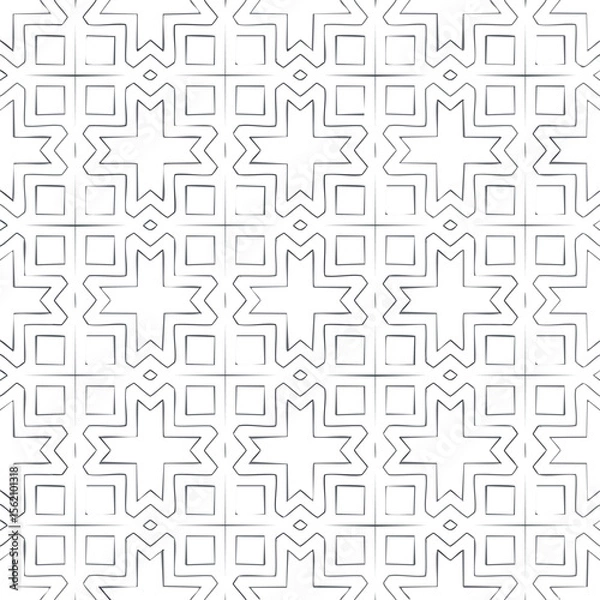 Fototapeta Seamless geometric pattern with star and square motifs in dark gray background texture