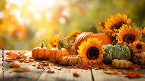 Fototapeta The vibrant autumn display of pumpkins and sunflowers on a rustic wooden table