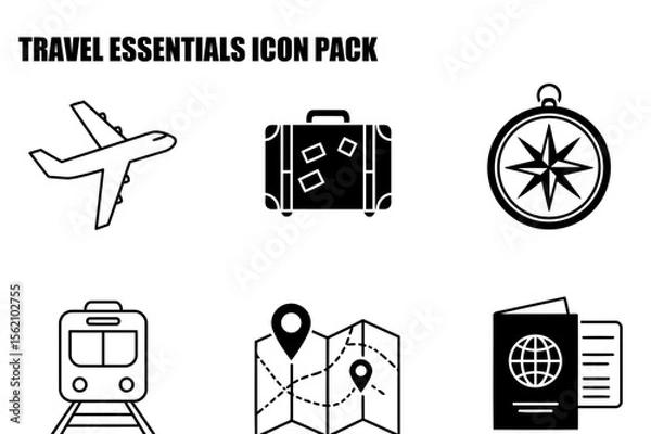 Obraz Travel essentials icons for a travel agency in a simple, clean design. Basic travel icons for a website or app. Generic travel icons for a travel agency in a modern, simple style.