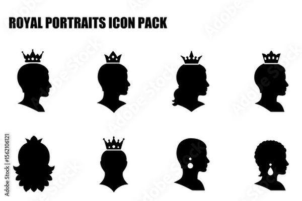 Obraz Royal portraits of diverse individuals with crowns, in profile view against a white background. Silhouette representations of royalty, for use in various media.