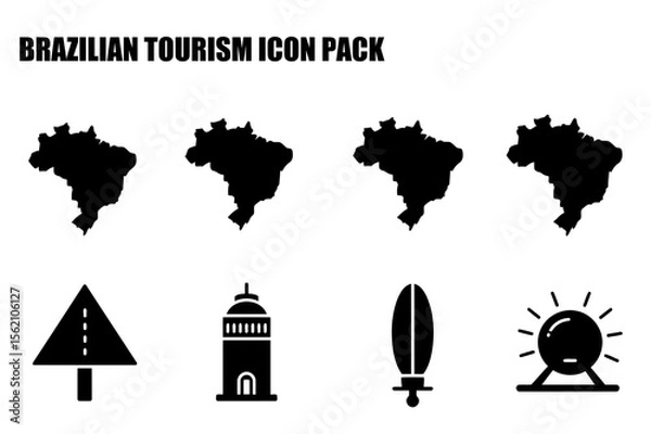 Obraz Brazilian tourism icons in black and white silhouette design. Simple map silhouettes of Brazil with various tourism icons.