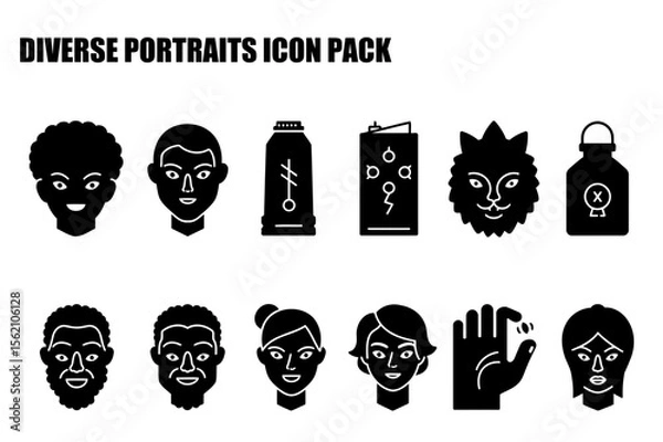 Obraz Diverse portraits of various people and objects in a simple, stylized format. Front-facing portraits of diverse individuals, with different hair and facial features.
