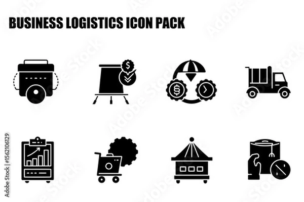 Obraz Business logistics icons in a flat design style. Business logistics icons for various operations in a flat design style showing storage, delivery, cost effective strategy, and transportation.