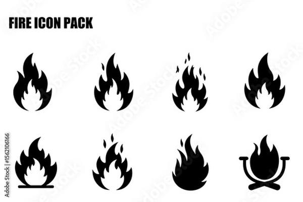 Obraz Flat fire icons in various styles. Simple, stylized black icons of flames on a white background.