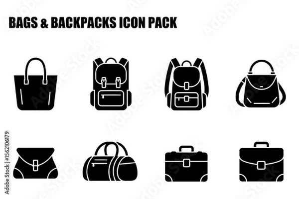 Obraz Bag and backpack icon set for graphic design. Silhouette illustrations of various bags and backpacks in different styles.