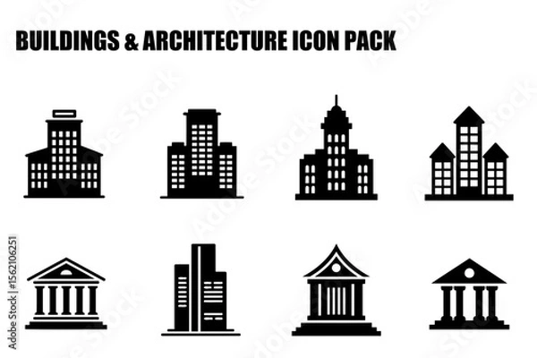 Obraz Black and white building silhouettes with various architectural styles. Collection of simplified building icons with no people or context.