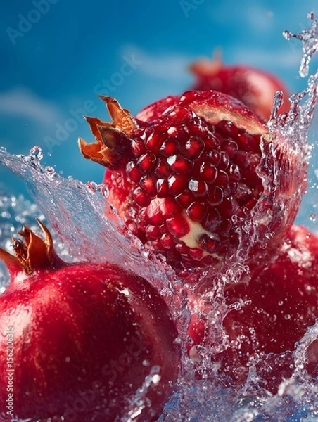 Obraz Pomegranates Splashing in Water with Vibrant Red Seeds Exposed