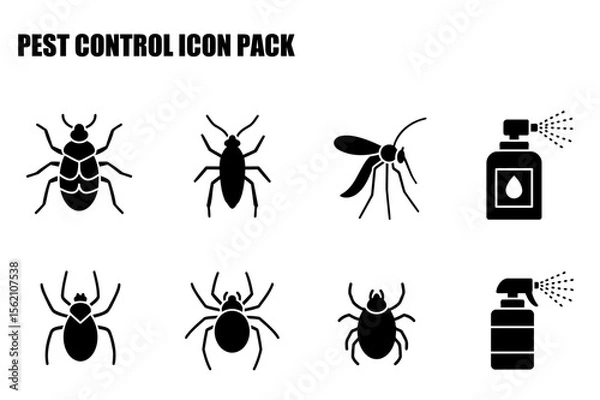 Obraz Pest control icons depicting various insects and pest control spray. Simple black silhouettes of common pests in a pest control icon pack.