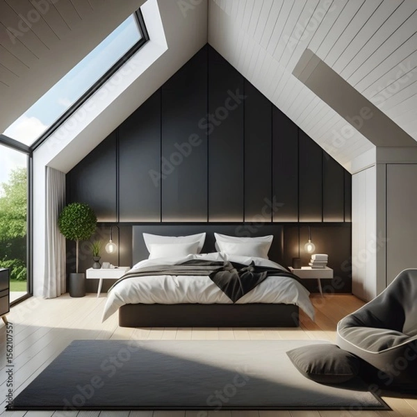 Fototapeta A clean and inviting bedroom features a large bed adorned with soft blankets and pillows