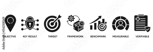 Fototapeta OKR icon set vector illustration concept relate to objectives and key results with icon of objective, key results, target, framework, benchmark, measurable, and verifiable