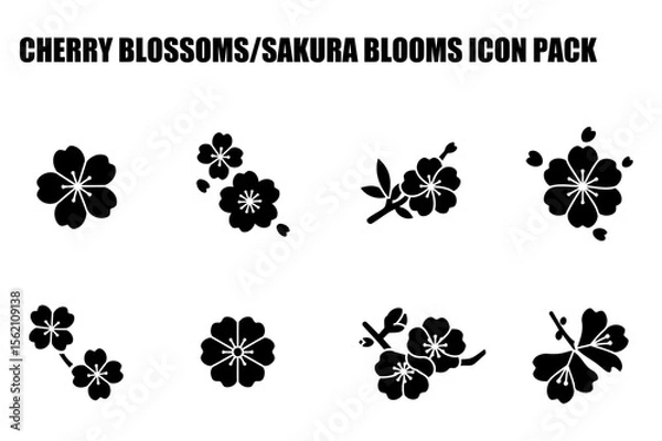 Obraz Cherry blossom/Sakura flower icon set in various poses/arrangements. Black and white silhouette design for spring themed illustrations.