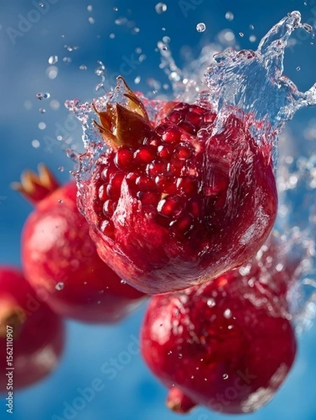 Obraz Pomegranates Splashing in Water Against a Blue Background
