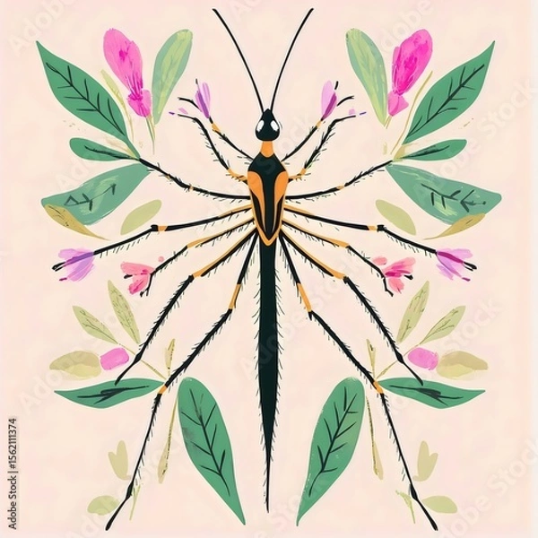Fototapeta Vibrant Insect Illustration in a Whimsical Botanical Flower Design - A Colorful Entomology and Nature Artwork